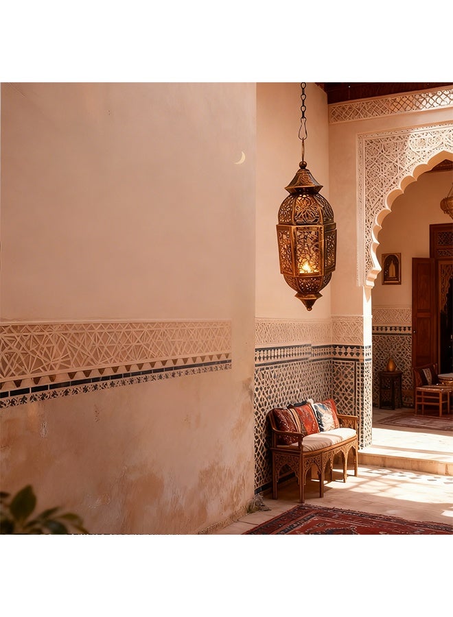 تركيبات إضاءة رمضان وفانوس مجوف بإضاءة الشموع - حرف يدوية على الطريقة المغربية، ديكور منزلي قديم الطراز مناسب للداخل والخارج وللإهداء - Image 3